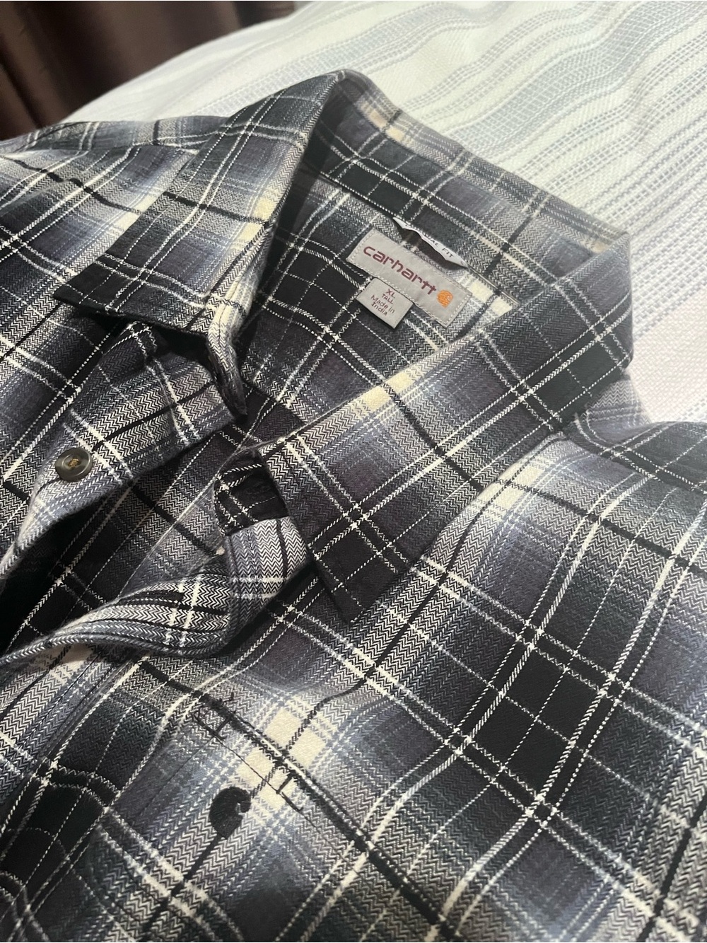 Carhartt Men’s Black and Gray Plaid Button-Down flannel